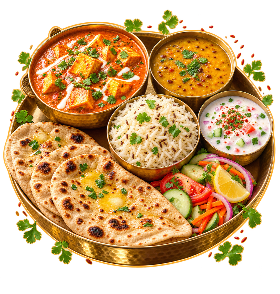 A HAKKA-style paneer thali with curry, dal, rice and rotis